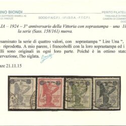 ITALIA – 1924 – 3° Anniversario della Vittoria con soprastampa – una Lira – la serie (sass.158/161) nuova.