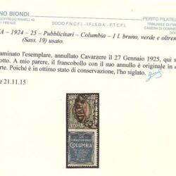ITALIA – 1924-25 – Pubblicitari – Columbia – 1L. bruno, verde e oltremare (Sass. 19) usato.