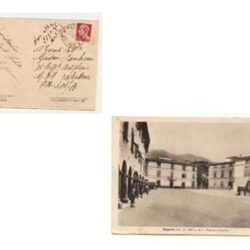 Cartolina Reggello ( alt. M. 395 s.m. ) Piazza Umberto I particolare la veduta opposta ai portici con l’ insegna della Macelleria Soldani