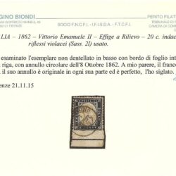 ITALIA – 1862 – Vittorio Emanuele II – Effige a Rilievo – 20c. indaco con riflessi violacei (Sass. 2l) usato.