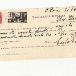 Colonie Italiane, assegno di credito Banca d’Italia di Dire Daua 08/10/1938, con francobolli 75 cent. Somalia + 5 cent Eritrea  applicati come uso bollo.